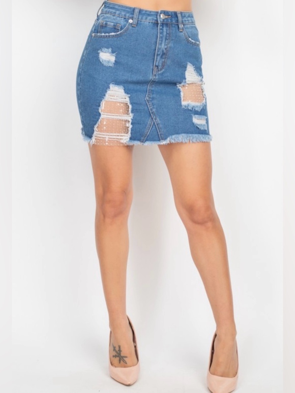 Blue Distressed Denim Mini Skirt - Classic Casual Style